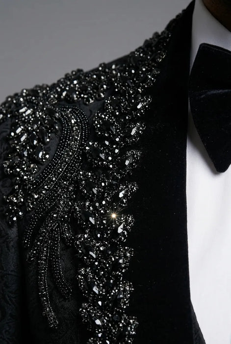 Jet Zenith - Black Jacquard & Heavy Crystal 3-Piece Tuxedo