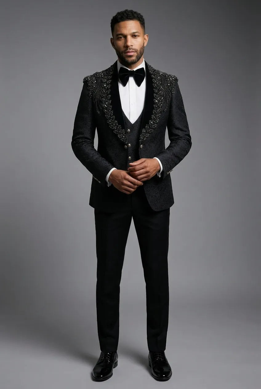 Jet Zenith - Black Jacquard & Heavy Crystal 3-Piece Tuxedo