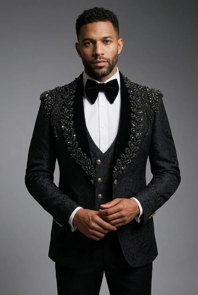 Jet Zenith - Black Jacquard & Heavy Crystal 3-Piece Tuxedo