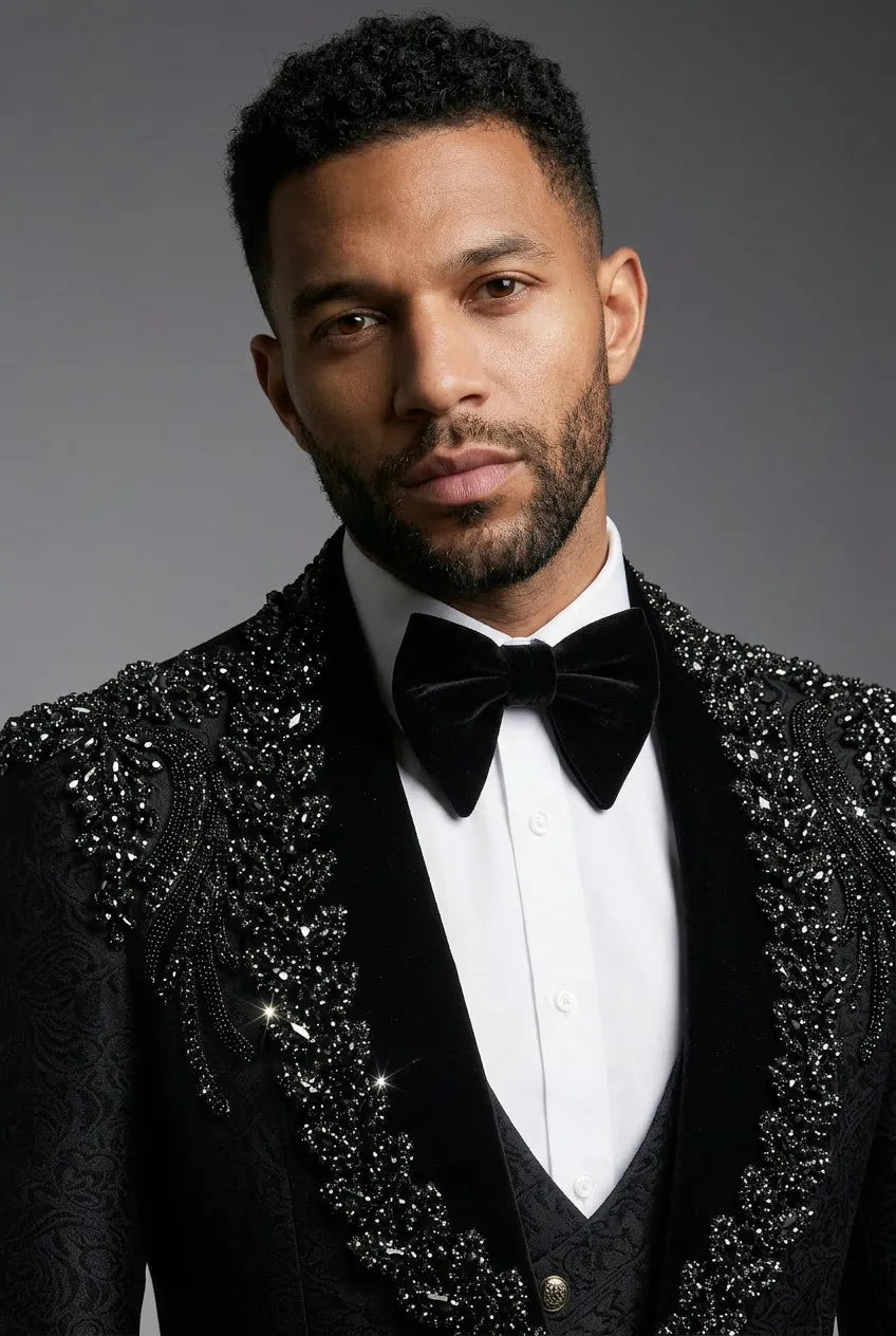 Jet Zenith - Black Jacquard & Heavy Crystal 3-Piece Tuxedo