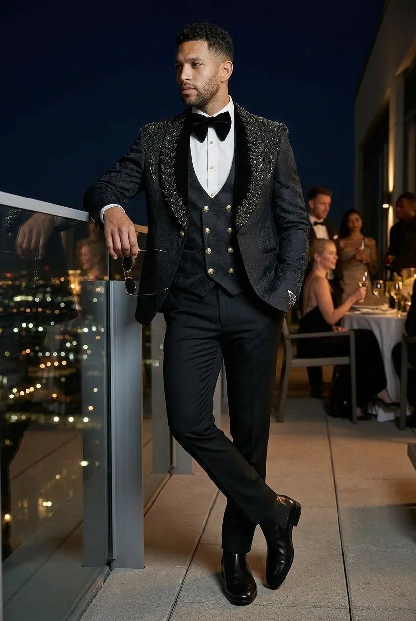 Jet Zenith - Black Jacquard & Heavy Crystal 3-Piece Tuxedo