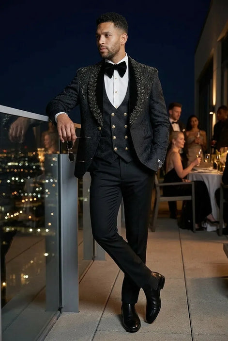 Jet Zenith - Black Jacquard & Heavy Crystal 3-Piece Tuxedo