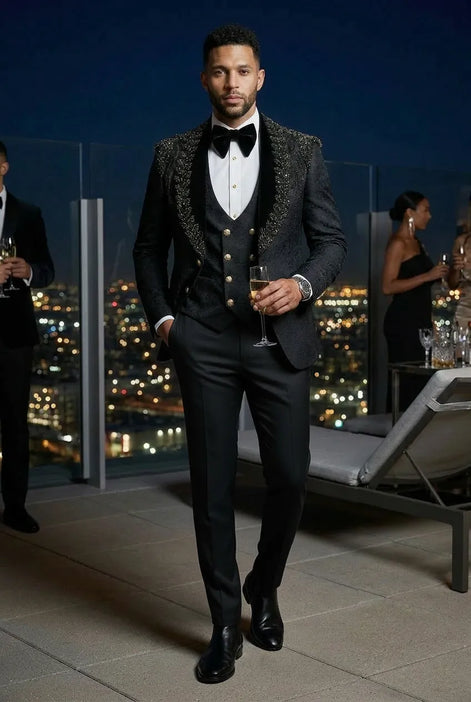Jet Zenith - Black Jacquard & Heavy Crystal 3-Piece Tuxedo