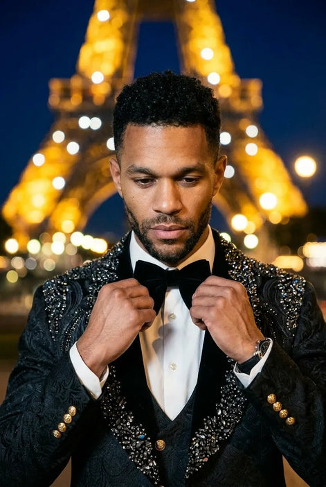 Jet Zenith - Black Jacquard & Heavy Crystal 3-Piece Tuxedo