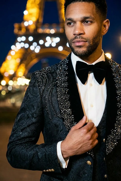 Jet Zenith - Black Jacquard & Heavy Crystal 3-Piece Tuxedo