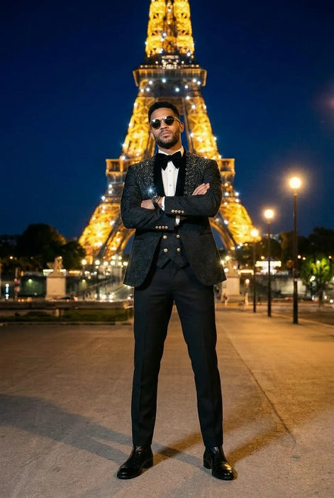 Jet Zenith - Black Jacquard & Heavy Crystal 3-Piece Tuxedo
