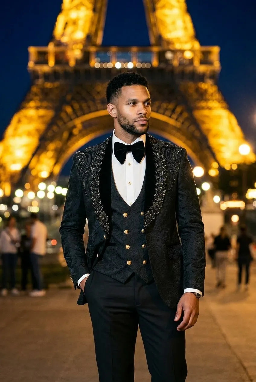 Jet Zenith - Black Jacquard & Heavy Crystal 3-Piece Tuxedo
