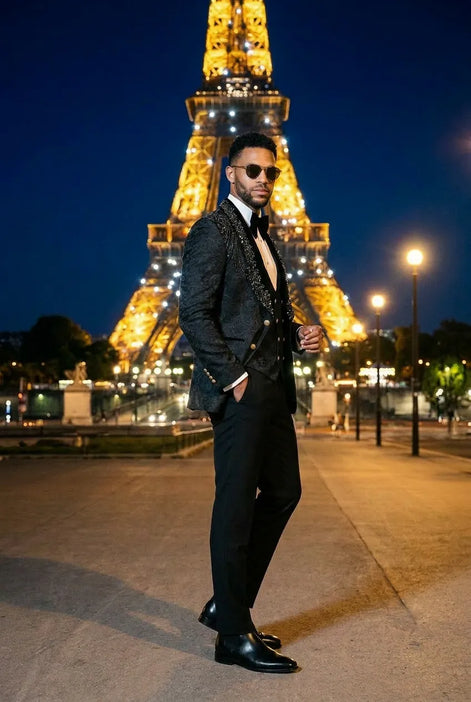 Jet Zenith - Black Jacquard & Heavy Crystal 3-Piece Tuxedo