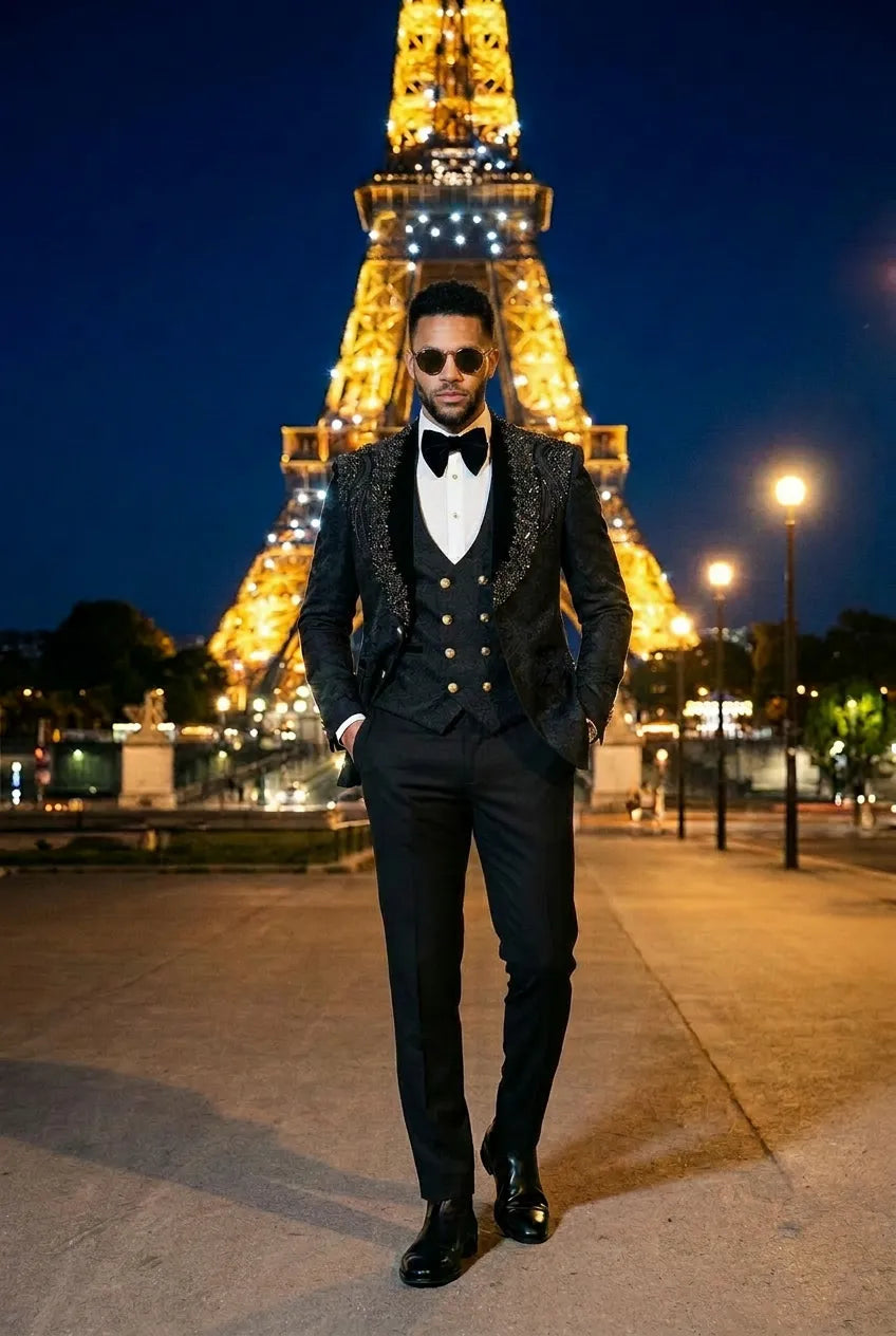 Jet Zenith - Black Jacquard & Heavy Crystal 3-Piece Tuxedo