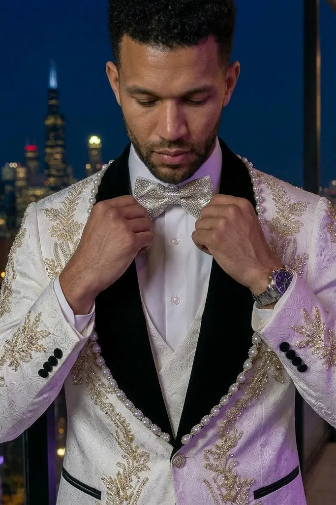 Diamond Empyrean - White Jacquard & Heavy Crystal 3-Piece Tuxedo