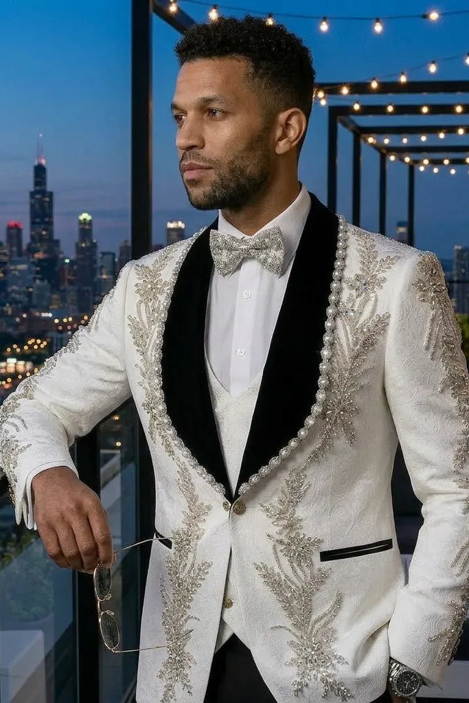 Diamond Empyrean - White Jacquard & Heavy Crystal 3-Piece Tuxedo