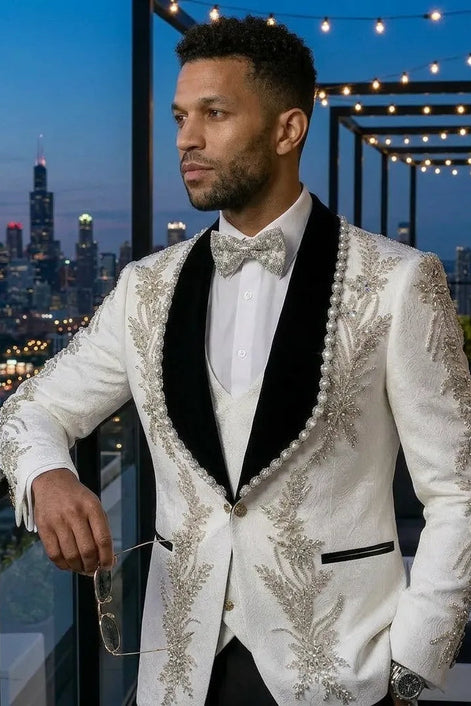 Diamond Empyrean - White Jacquard & Heavy Crystal 3-Piece Tuxedo