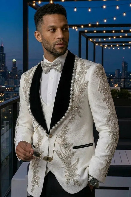 Diamond Empyrean - White Jacquard & Heavy Crystal 3-Piece Tuxedo