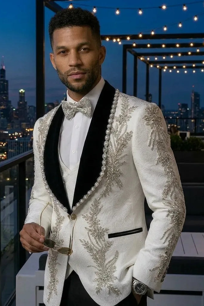 Diamond Empyrean - White Jacquard & Heavy Crystal 3-Piece Tuxedo