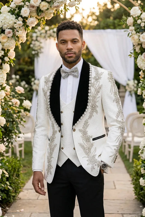Diamond Empyrean - White Jacquard & Heavy Crystal 3-Piece Tuxedo