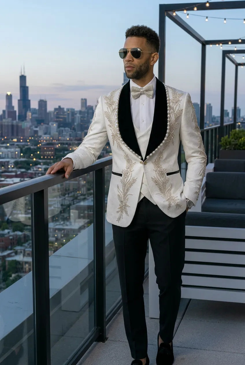 Diamond Empyrean - White Jacquard & Heavy Crystal 3-Piece Tuxedo