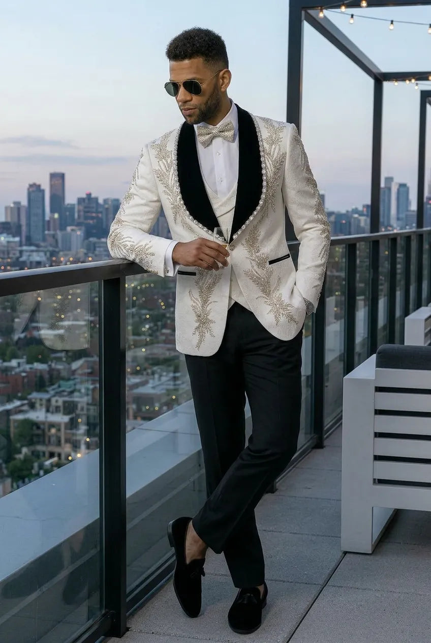 Diamond Empyrean - White Jacquard & Heavy Crystal 3-Piece Tuxedo