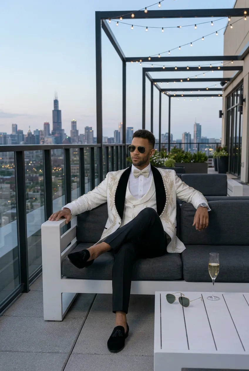 Diamond Empyrean - White Jacquard & Heavy Crystal 3-Piece Tuxedo