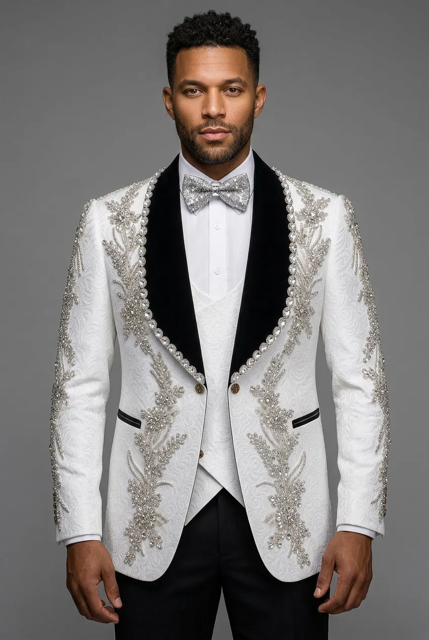 Diamond Empyrean - White Jacquard & Heavy Crystal 3-Piece Tuxedo