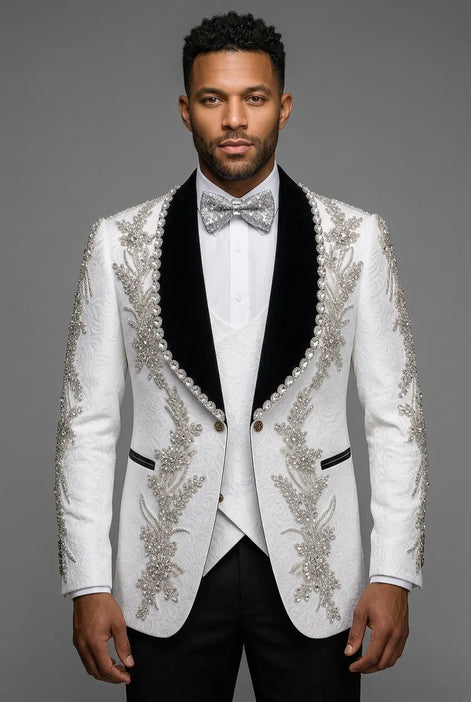 Diamond Empyrean - White Jacquard & Heavy Crystal 3-Piece Tuxedo
