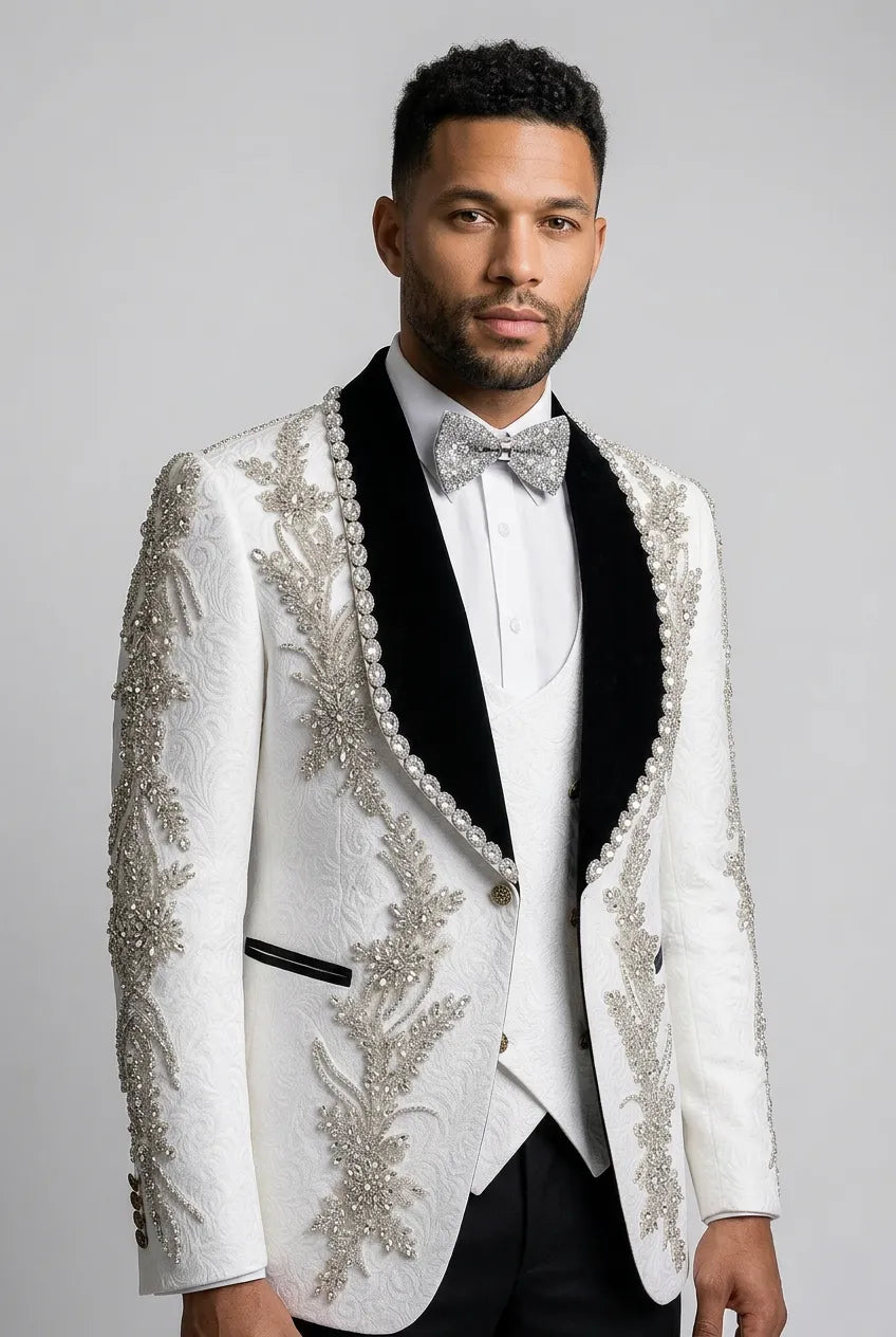 Diamond Empyrean - White Jacquard & Heavy Crystal 3-Piece Tuxedo