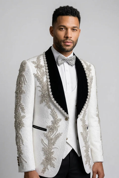 Diamond Empyrean - White Jacquard & Heavy Crystal 3-Piece Tuxedo