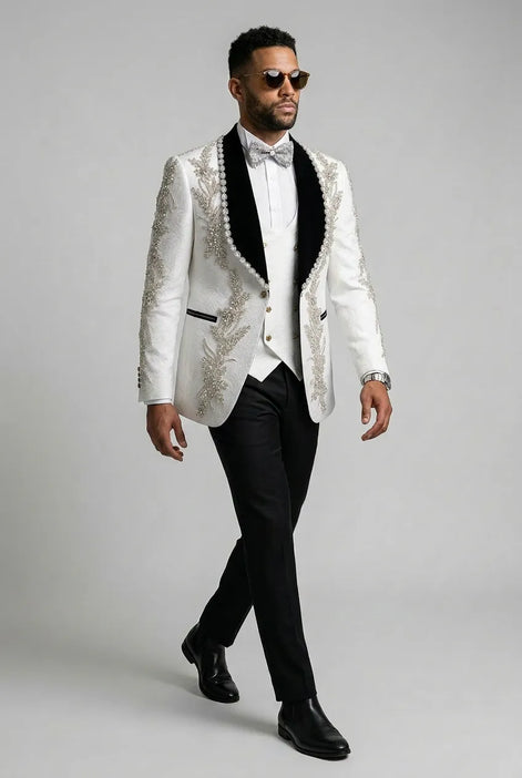 Diamond Empyrean - White Jacquard & Heavy Crystal 3-Piece Tuxedo