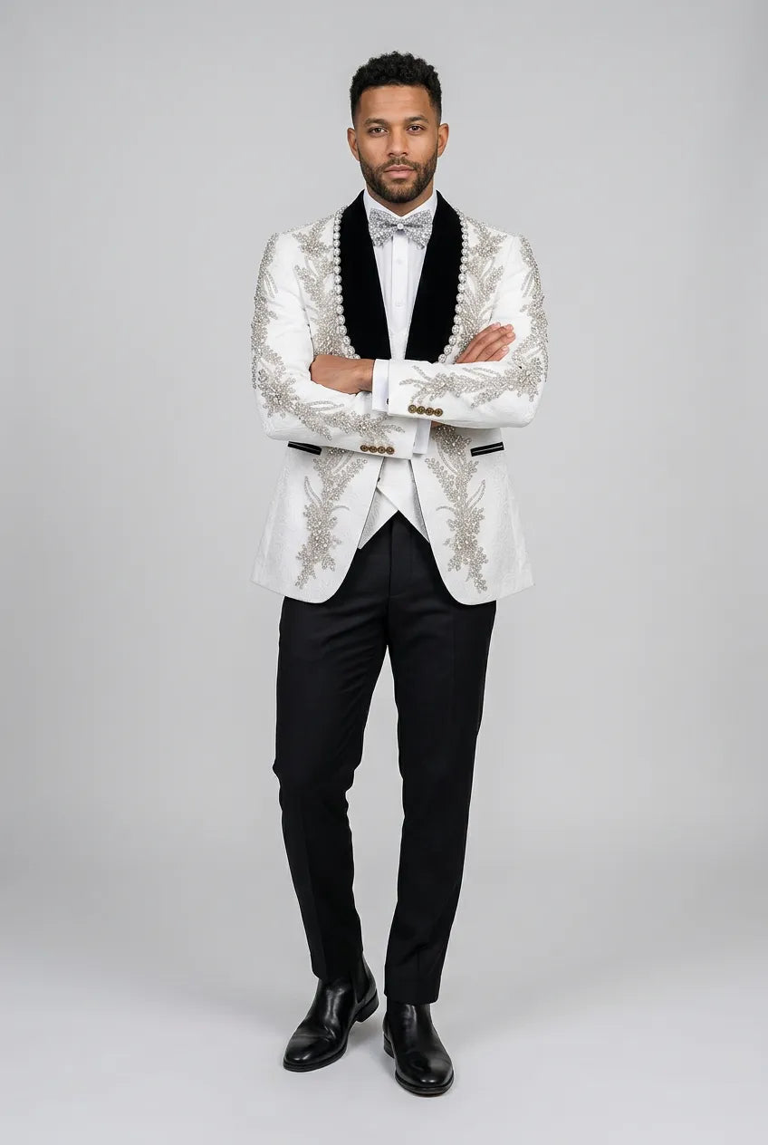 Diamond Empyrean - White Jacquard & Heavy Crystal 3-Piece Tuxedo