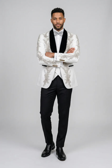 Diamond Empyrean - White Jacquard & Heavy Crystal 3-Piece Tuxedo