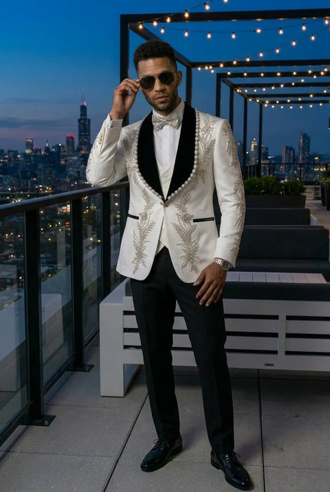 Diamond Empyrean - White Jacquard & Heavy Crystal 3-Piece Tuxedo