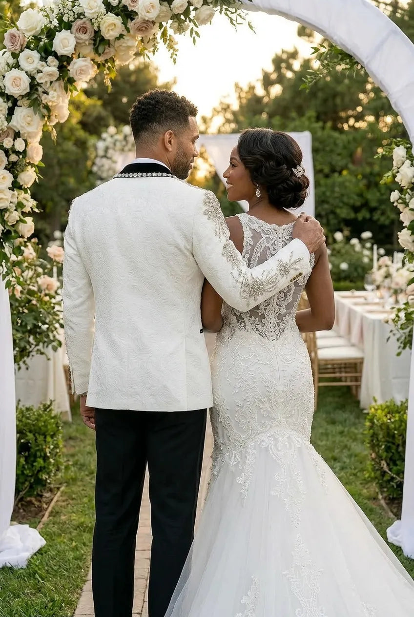 Diamond Empyrean - White Jacquard & Heavy Crystal 3-Piece Tuxedo