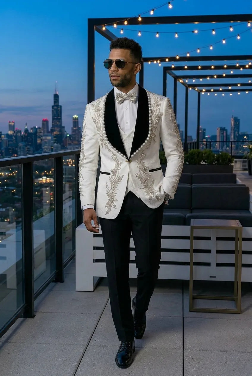 Diamond Empyrean - White Jacquard & Heavy Crystal 3-Piece Tuxedo
