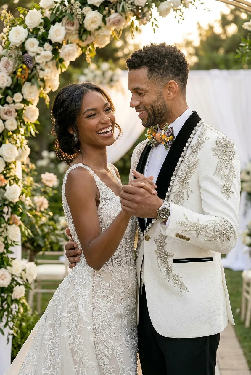 Diamond Empyrean - White Jacquard & Heavy Crystal 3-Piece Tuxedo