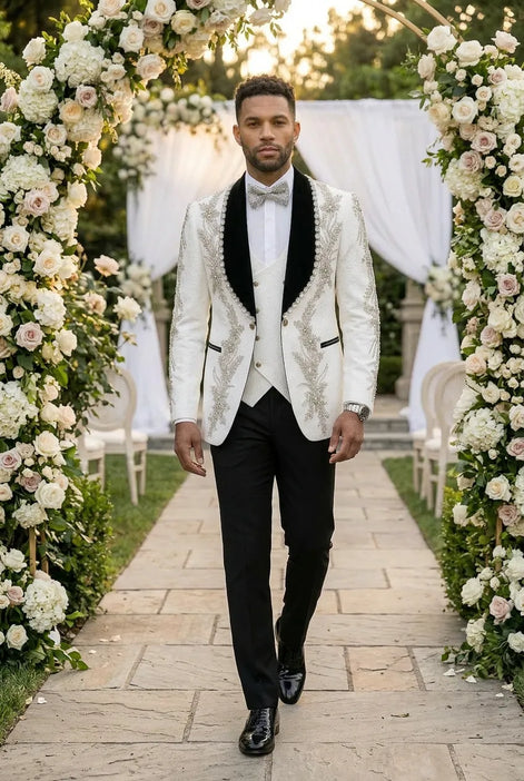 Diamond Empyrean - White Jacquard & Heavy Crystal 3-Piece Tuxedo