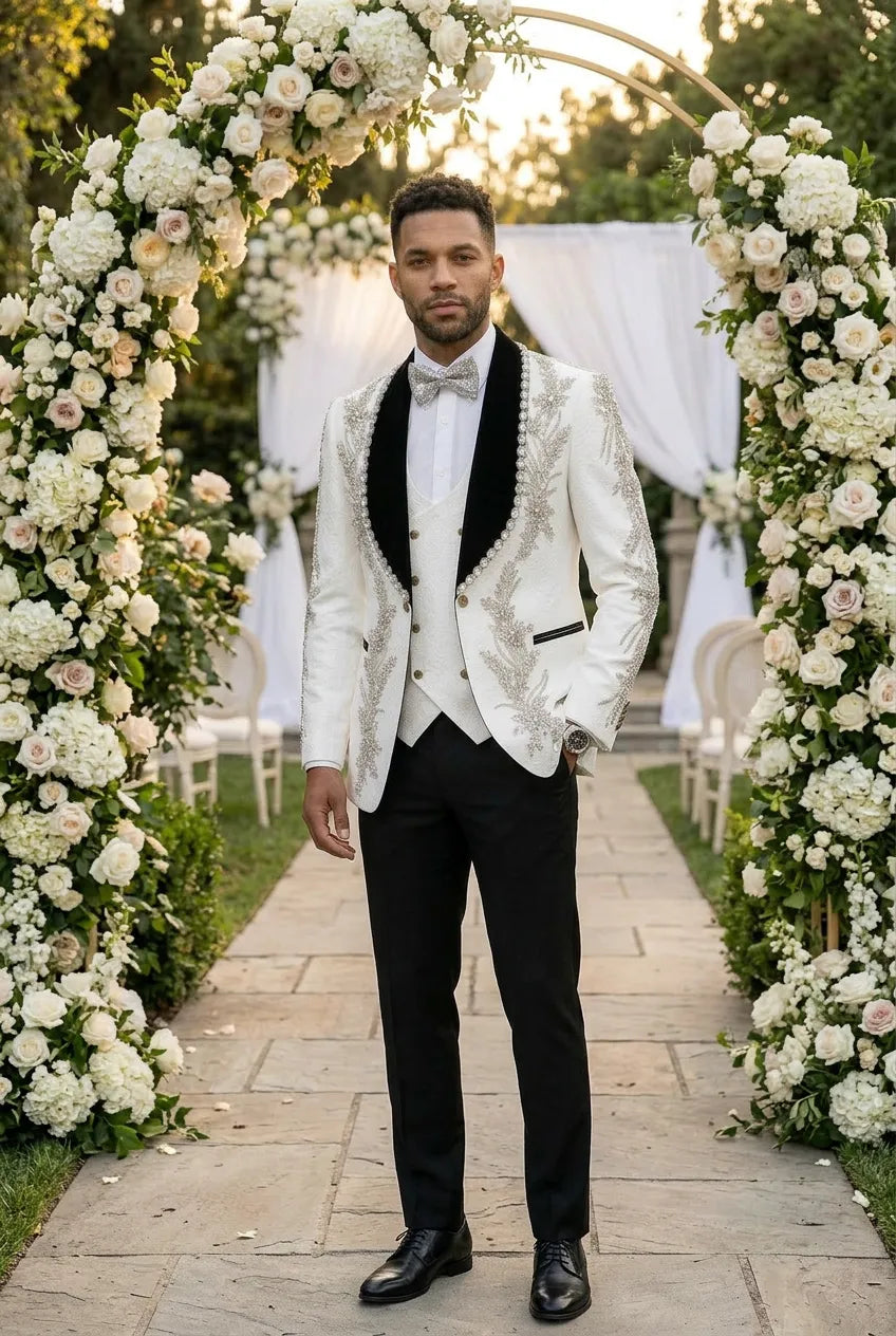 Diamond Empyrean - White Jacquard & Heavy Crystal 3-Piece Tuxedo