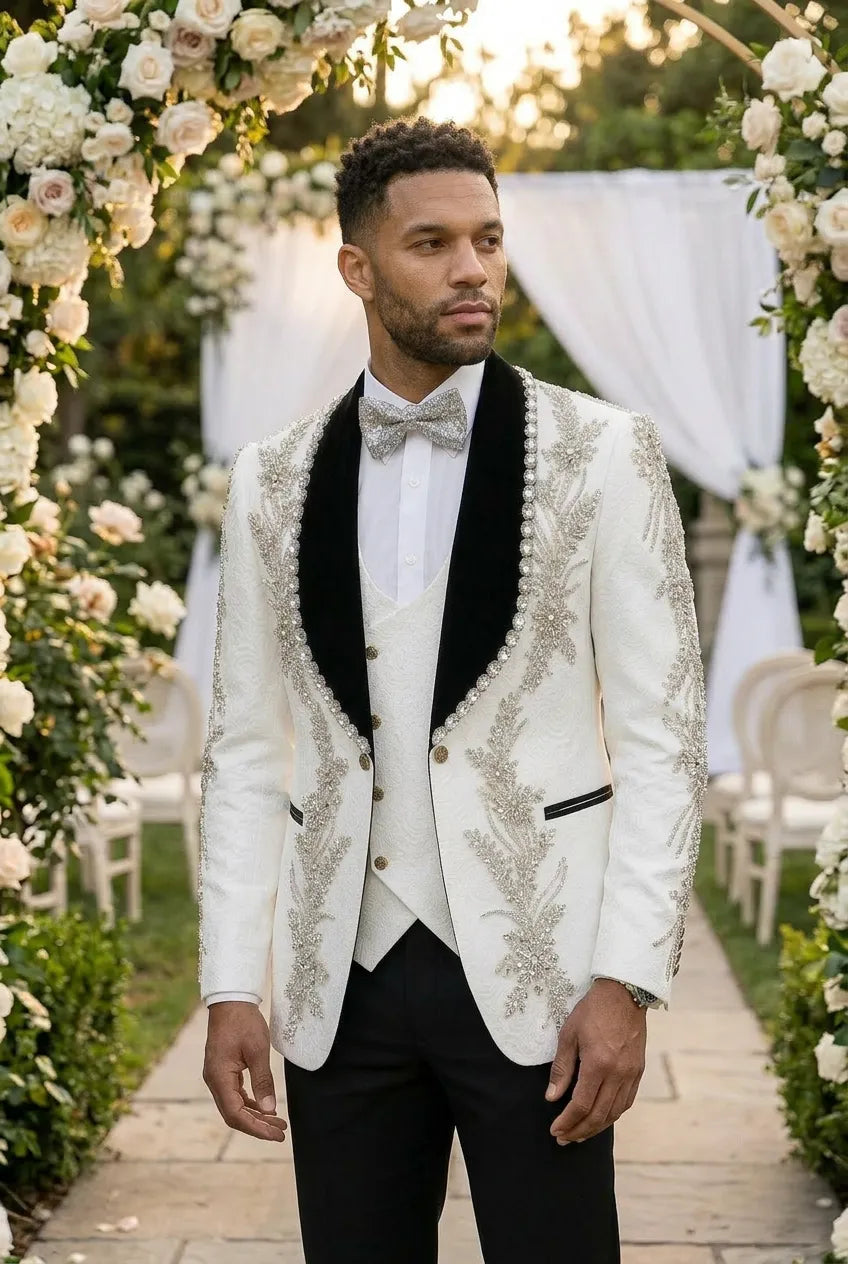 Diamond Empyrean - White Jacquard & Heavy Crystal 3-Piece Tuxedo