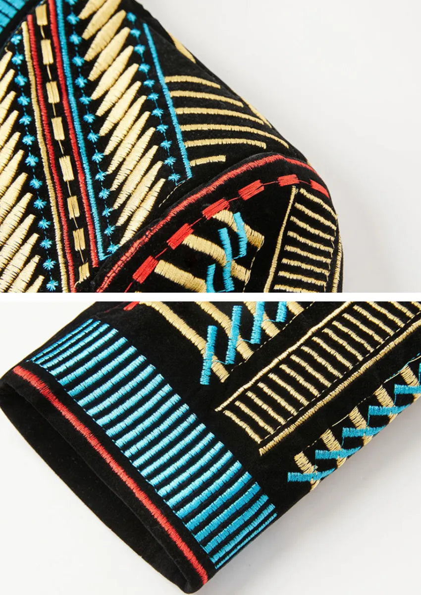 Men's Embroidered Geometric Pattern Blue and Gold Tuxedo