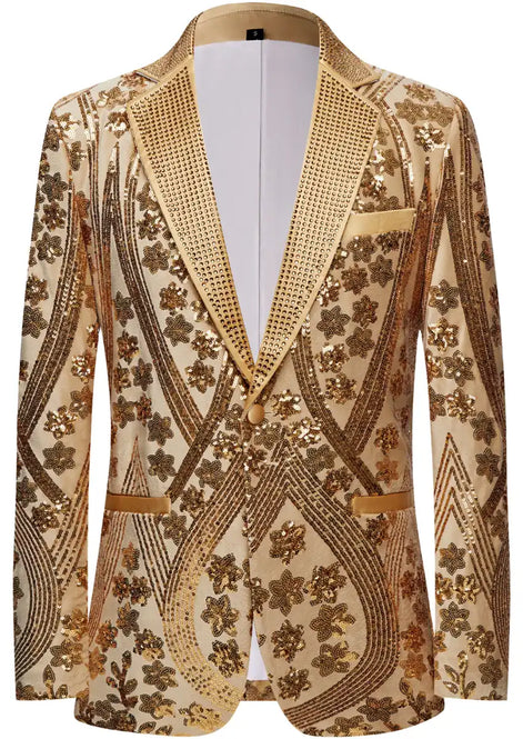 Champagne gold floral sequin embroidery tuxedo jacket front view