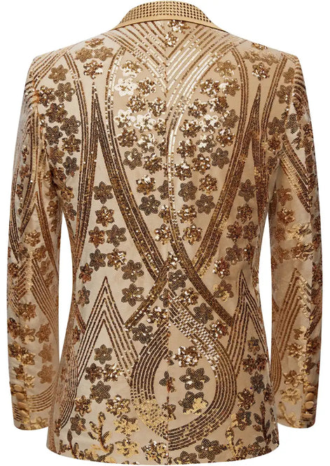Back view of The Solar Flare gold sequin dinner jacket with structured fit