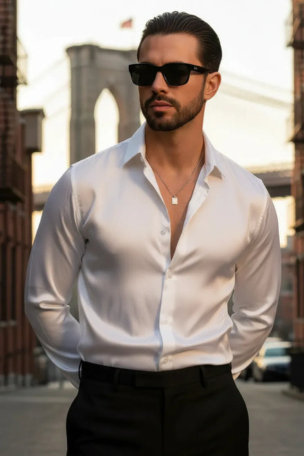 Front view - Black Silk Satin Long Sleeve Shirt - Nevo Suits