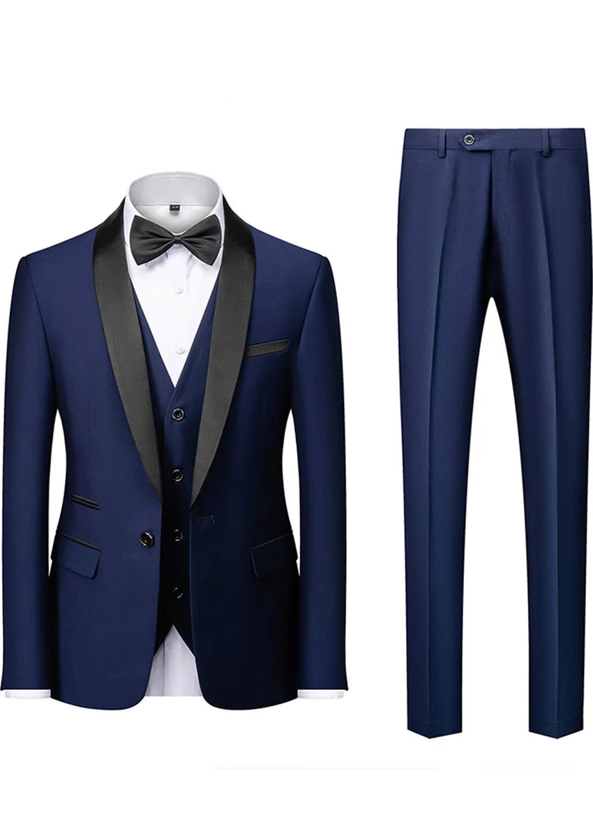 Men's 3-Piece Classic Groom Dresses Navy Blue Groomsmen Suit
