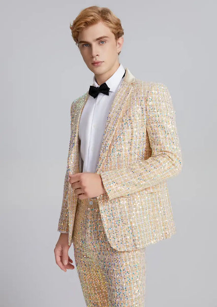 Men’s 2-Piece Linen Sparkle Gridline Champagne Suit