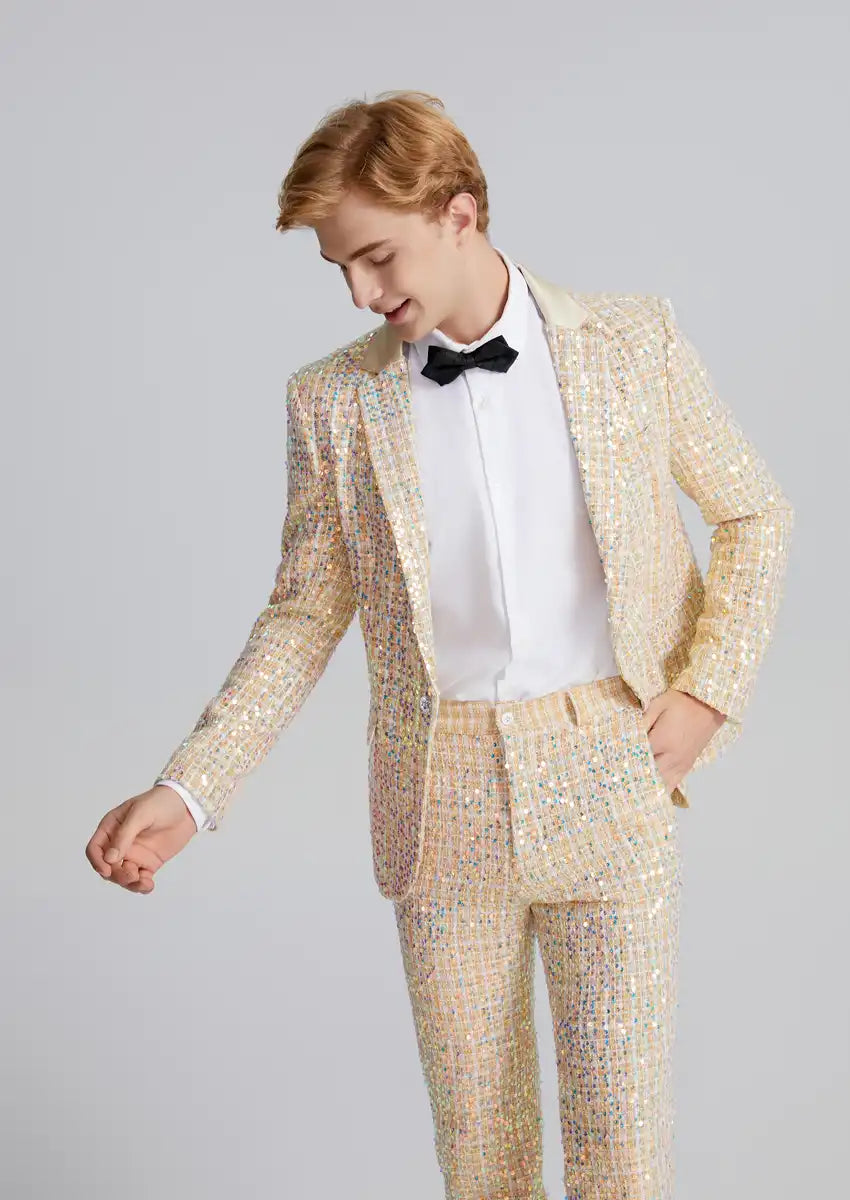 Men’s 2-Piece Linen Sparkle Gridline Champagne Suit