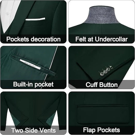 Men's Stylish Dark Green 3-Piece Suit One Button Closure Notched Lapel