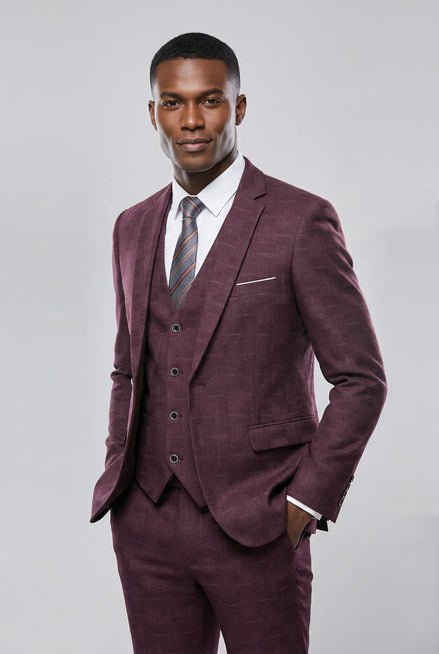Garnet Mosaic - Burgundy Textured 3-Piece Suit - Nevo Suits