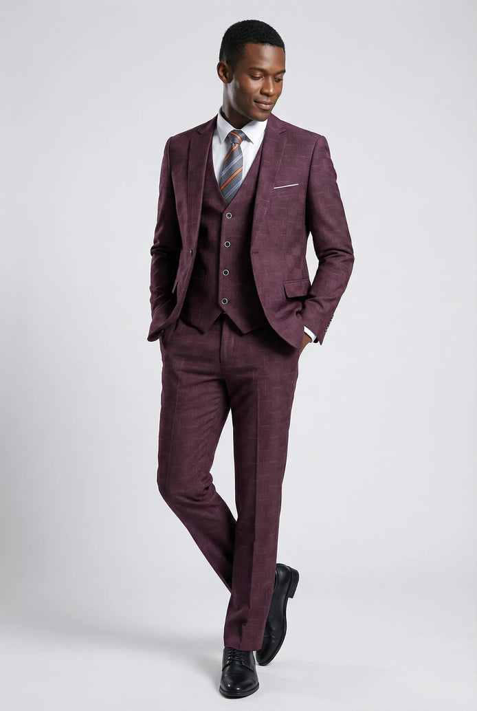 Garnet Mosaic - Burgundy Textured 3-Piece Suit - Nevo Suits
