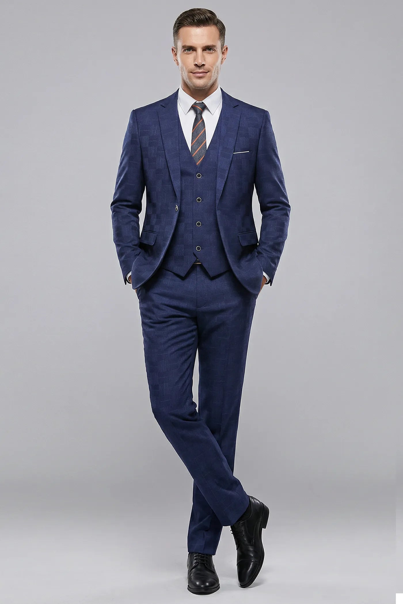 Full front view of Sapphire Canvas royal blue 3-piece suit with high-definition geometric jacquard pattern - Nevo Suits