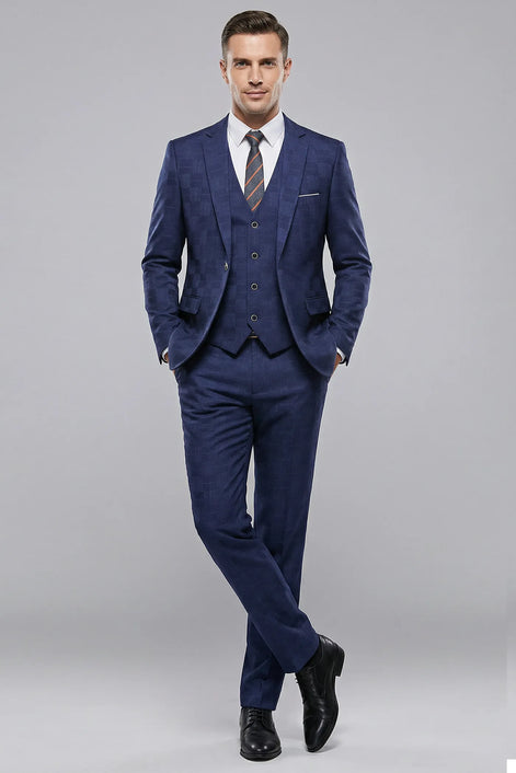 Full front view of Sapphire Canvas royal blue 3-piece suit with high-definition geometric jacquard pattern - Nevo Suits