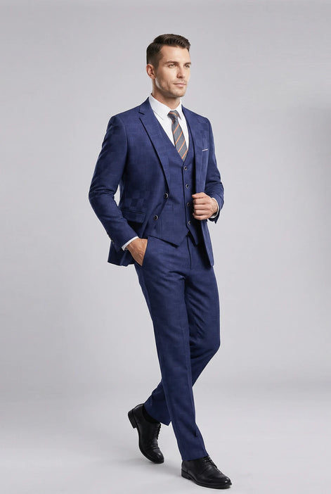 Full front view of Sapphire Canvas royal blue 3-piece suit with high-definition geometric jacquard pattern - Nevo Suits