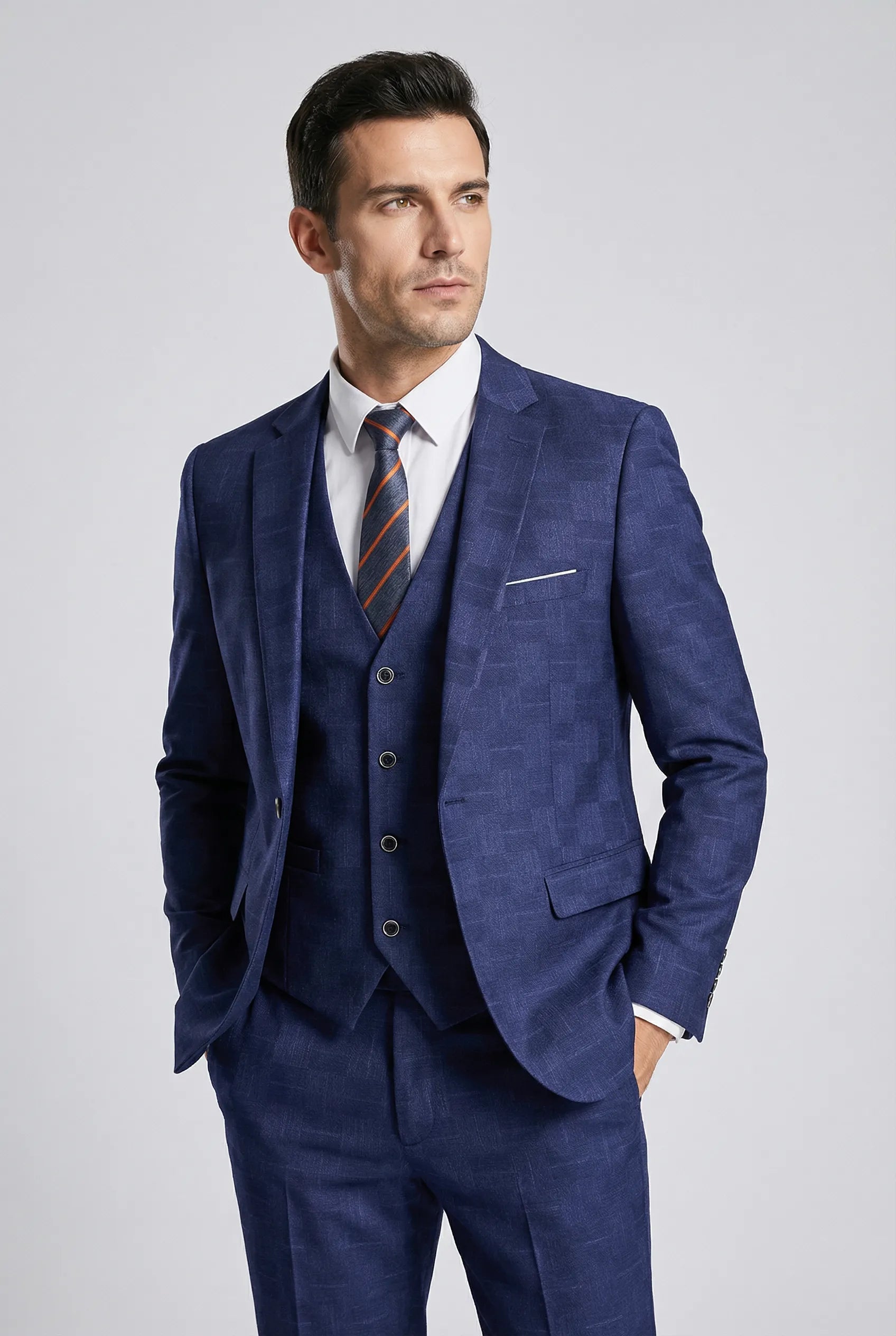 Full front view of Sapphire Canvas royal blue 3-piece suit with high-definition geometric jacquard pattern - Nevo Suits